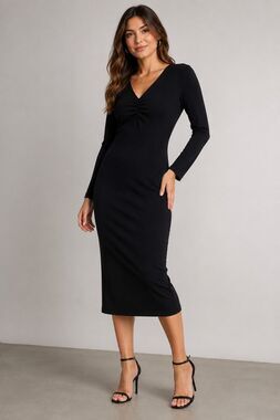 ZARA Black Long Sleeve Ruched V-Neck Midi Dress Womens XL Bodycon Stretch